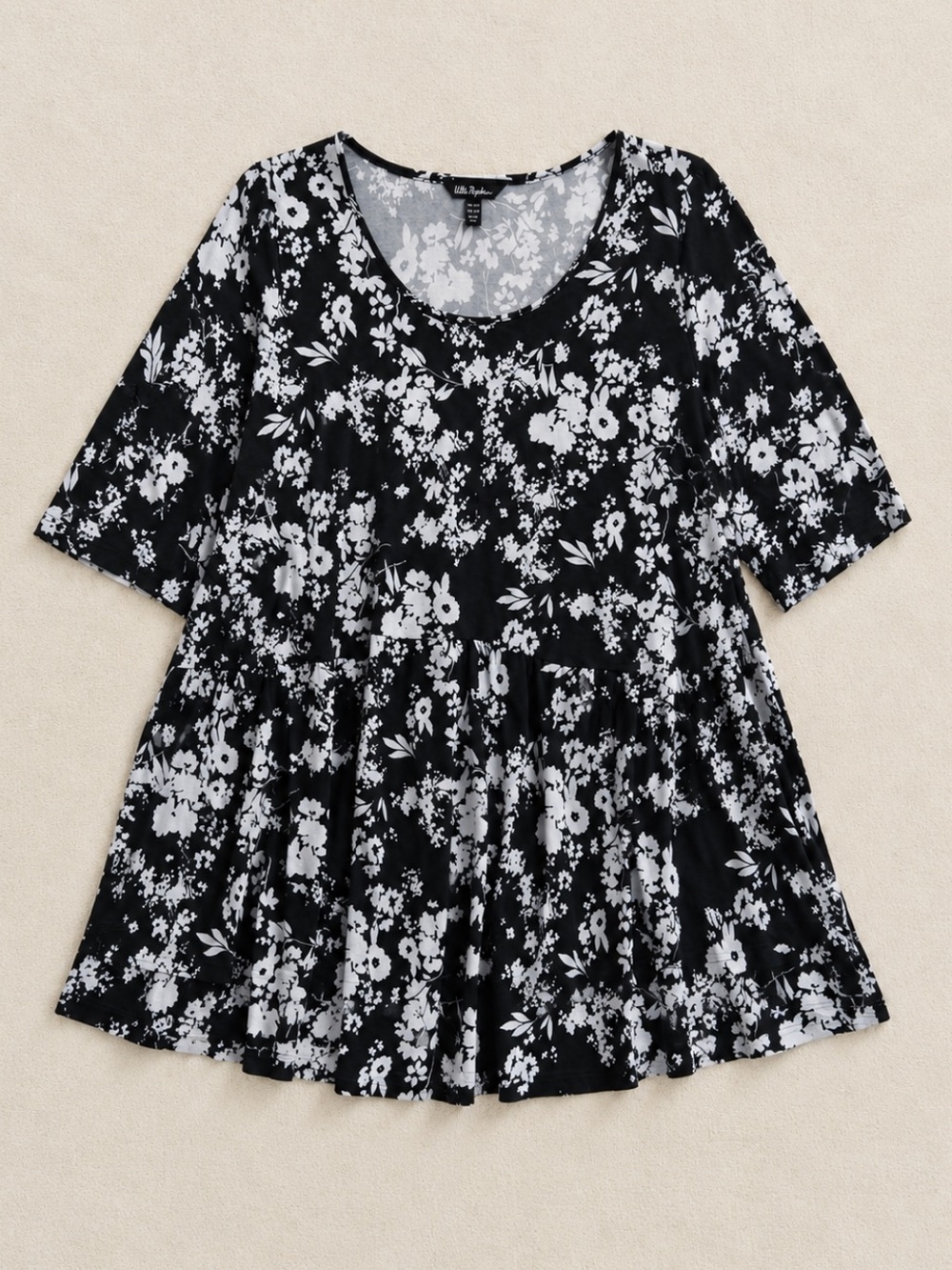 Ulla Popken Black White Floral Tunic Top Plus Size 36/38 Swing Boho